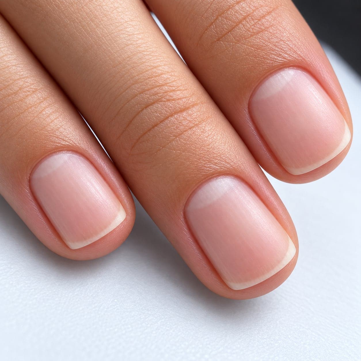 Two fingers with short, clean, natural nails, close up