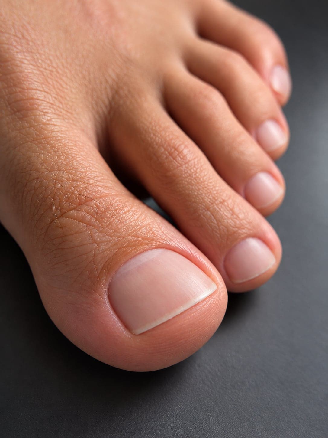 A big toe and the toes beside it, nails clean and trimmed square, on a dark grey surface