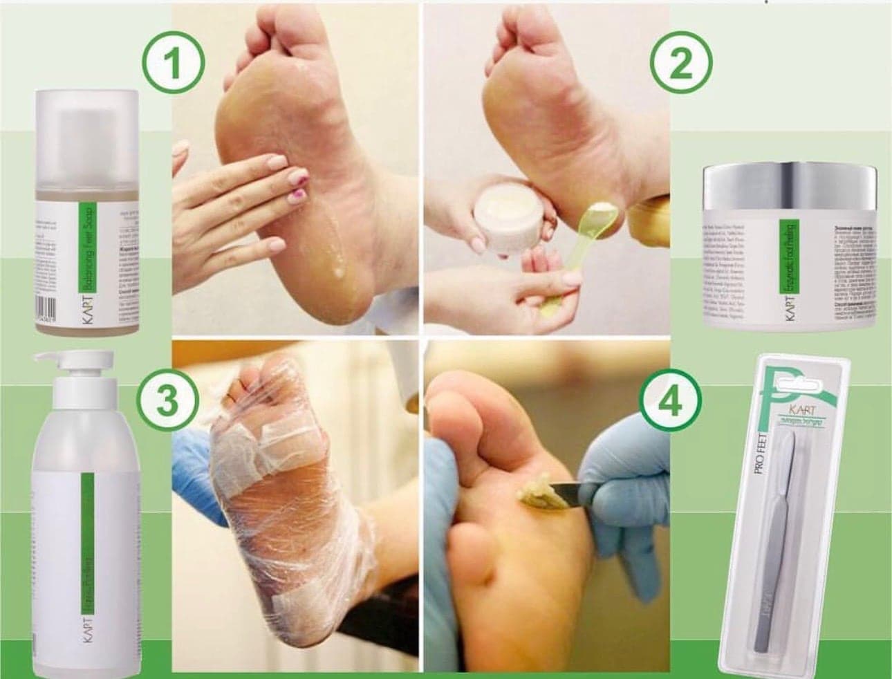 Four steps of foot care with KART products: cleansing, a fruit-acid peel, a wrap and smoothing