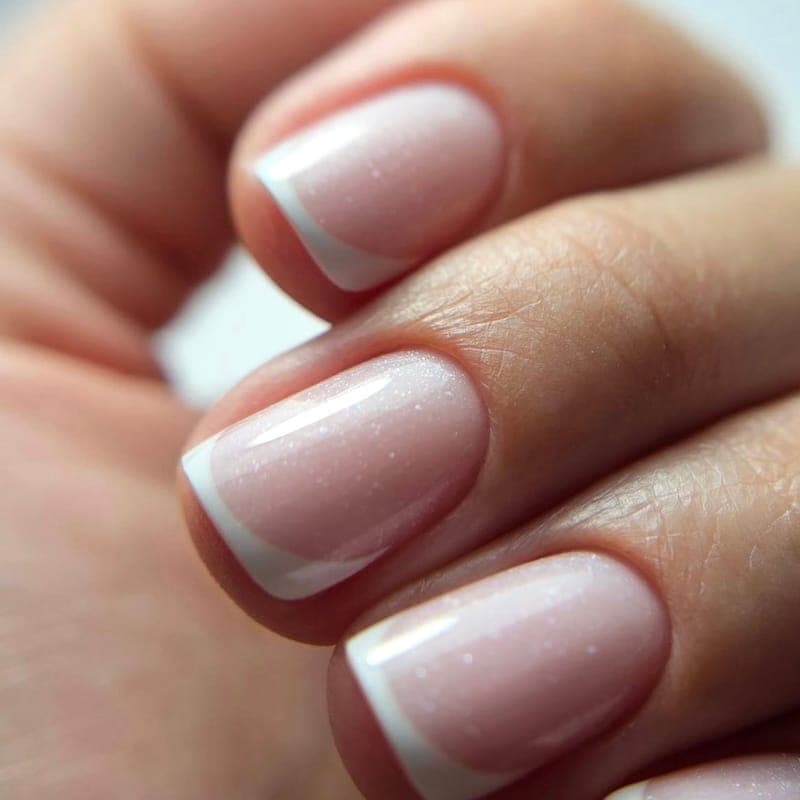 A French manicure with a soft shimmer base