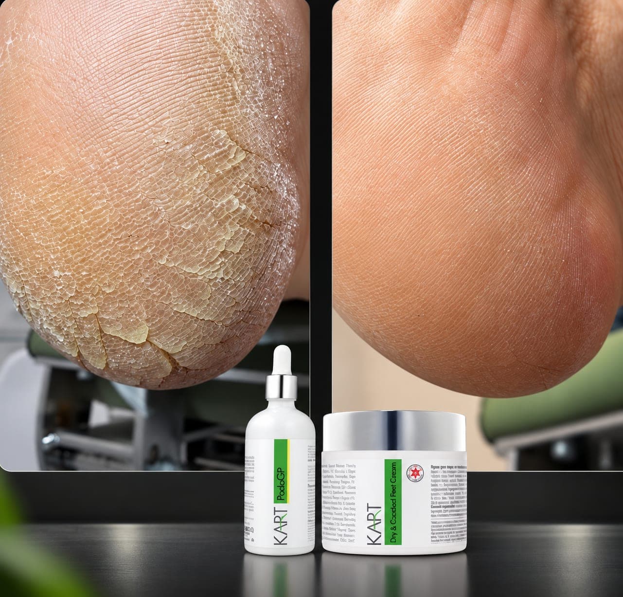 A dry, cracked heel on the left and a smooth heel on the right, with two KART care products