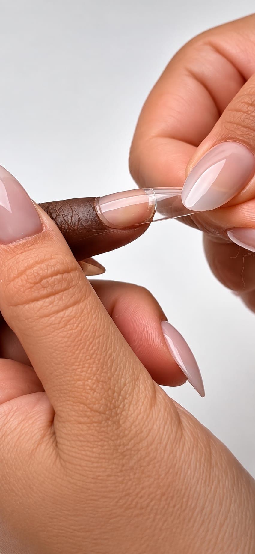 A clear gel tip being fitted to a fingernail, held between two hands