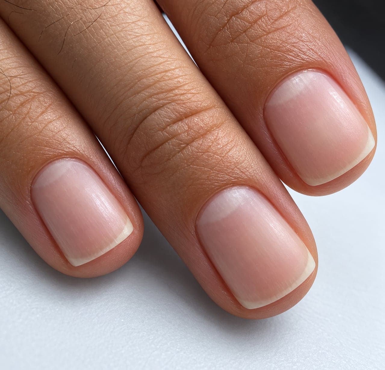 Two fingers with short, clean, squared nails, close up