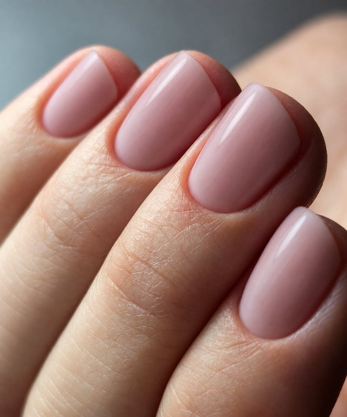 Short square nails in a sheer soft pink gloss, close up